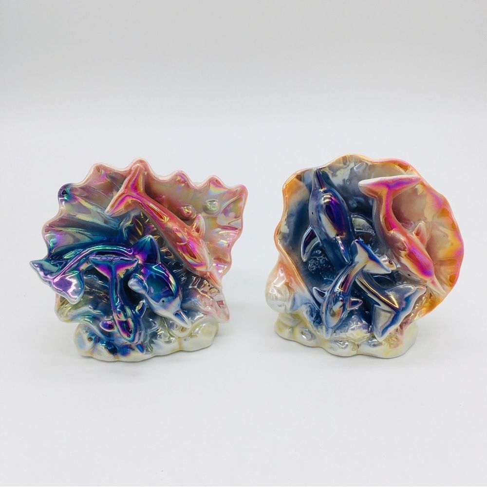 Vintage Pair Luster Dolphins Ceramic Iridescent Pearl Seashell Figurines